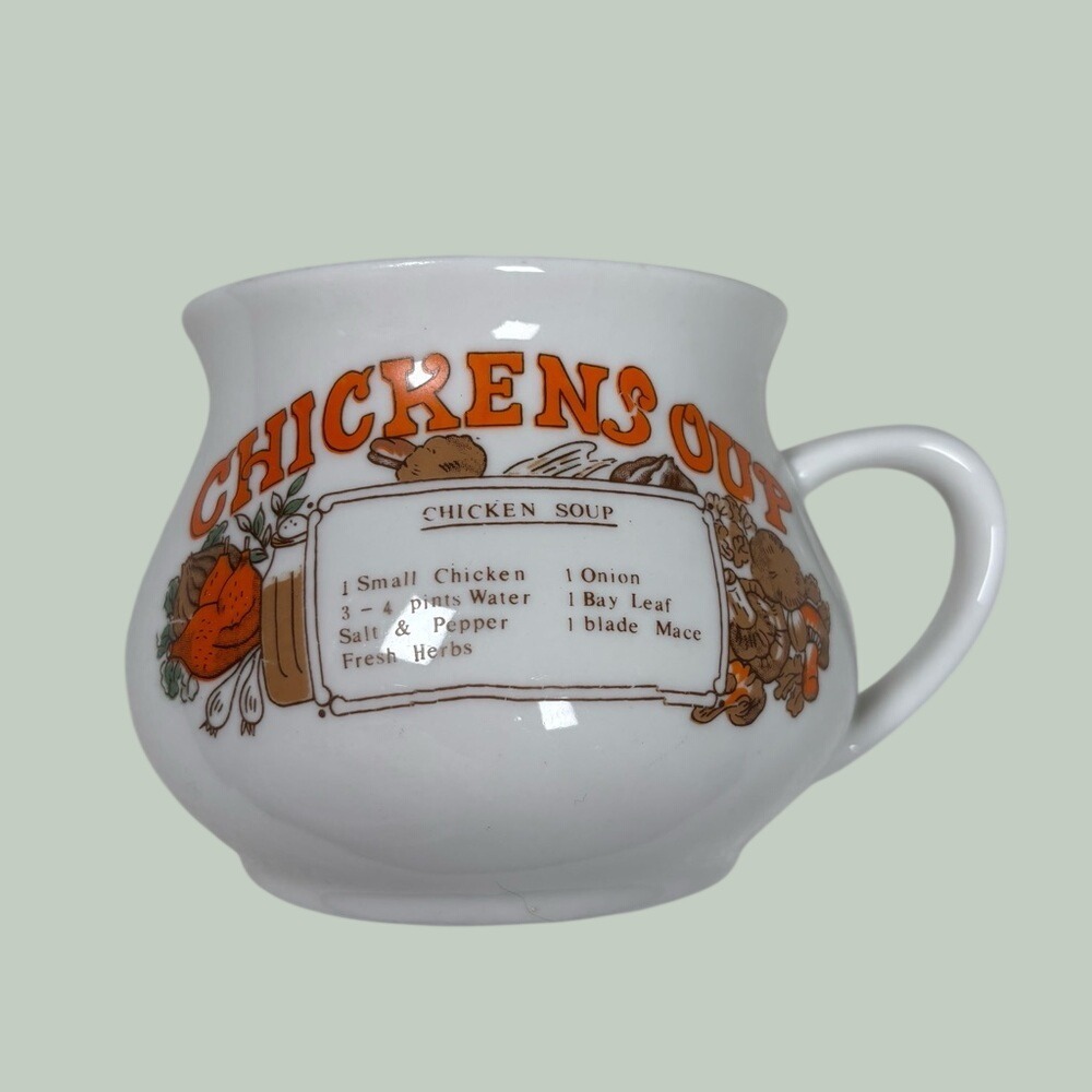 vintage 70's chicken soup‎ recipe ceramic mug bowl stoneware grandmacore cottage
